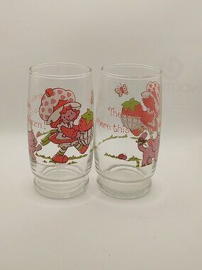 Vintage 1980 Strawberry Shortcake Glass Tumblers American Greetings With Kitty S